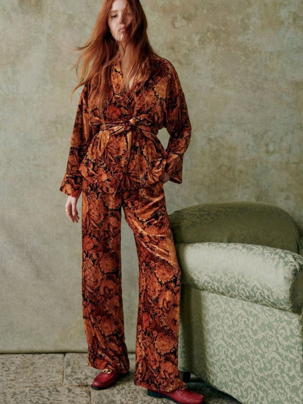 SEZANE Orange & Black Fall Floral Belted Velvet Lapels Blazer Gwendal Jacket - Picture 12 of 15